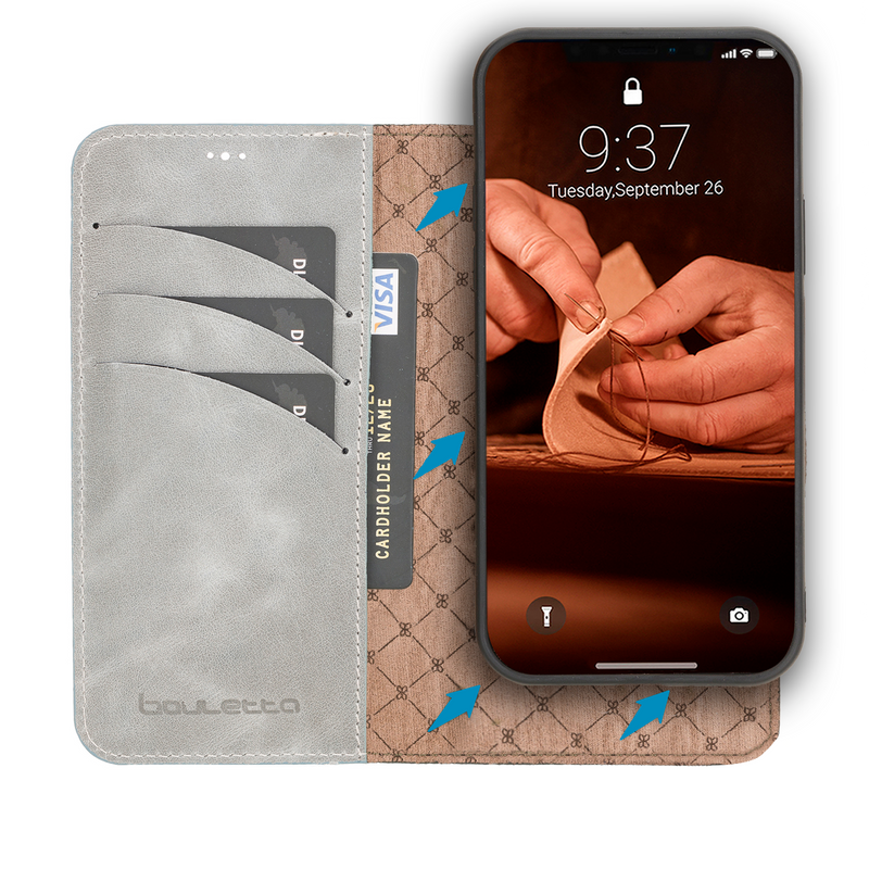 Bouletta iPhone 15 Uitneembare lederen BookCase (Magsafe compatibel) - Future Grey