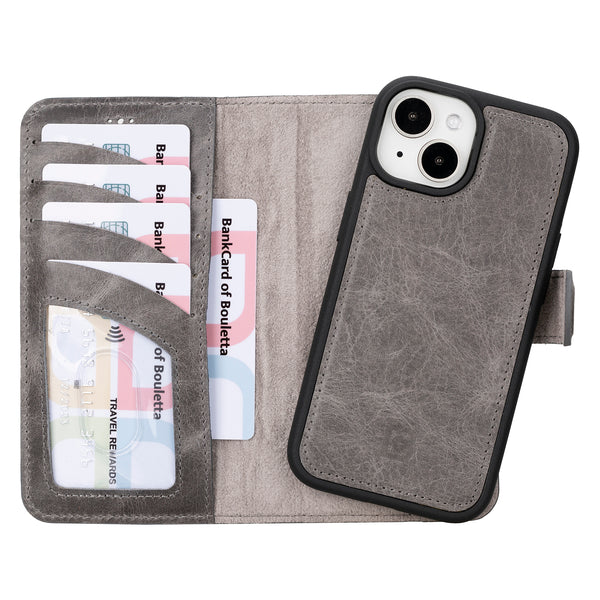 Bouletta iPhone 15 Uitneembare lederen RFID BookCase (Magsafe compatibel) - Antic Grey