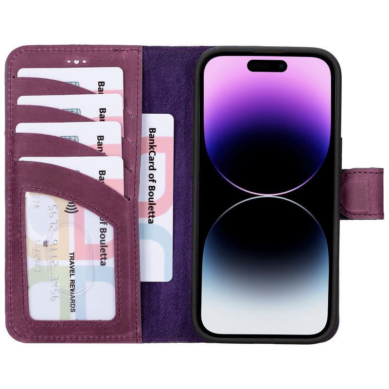 Bouletta iPhone 14 Uitneembare lederen RFID BookCase (Magsafe compatibel) - Antic Purple