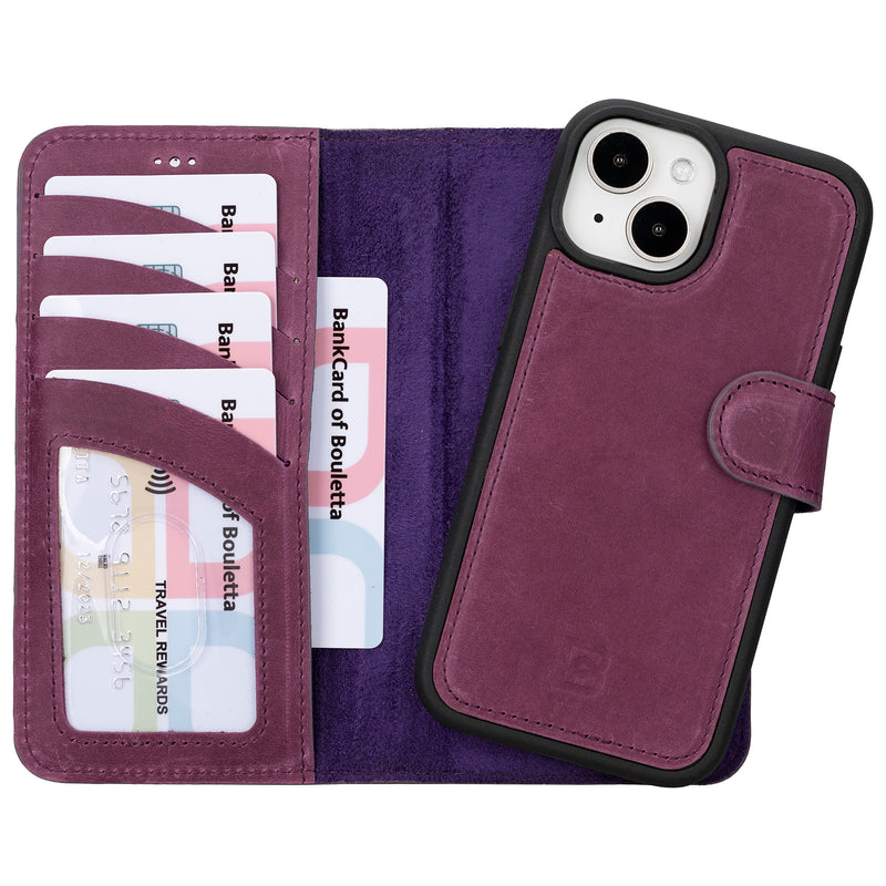 Bouletta iPhone 14 Uitneembare lederen RFID BookCase (Magsafe compatibel) - Antic Purple