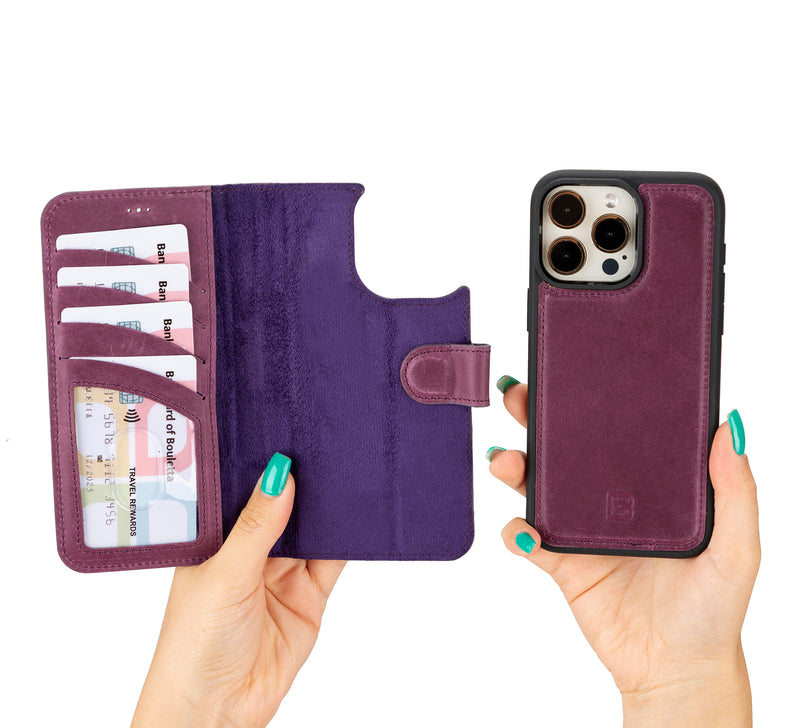 Bouletta iPhone 15 Pro Max Uitneembare lederen RFID BookCase (Magsafe compatibel) - Antique Purple