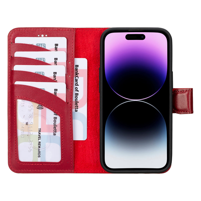 Bouletta iPhone 14 Uitneembare lederen RFID BookCase (Magsafe compatibel) - Burned Red