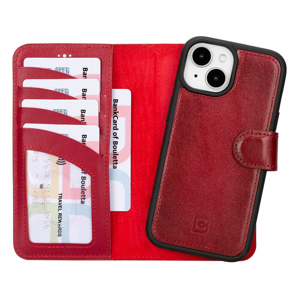 Bouletta iPhone 15 Uitneembare lederen RFID BookCase (Magsafe compatibel) - Burned Red