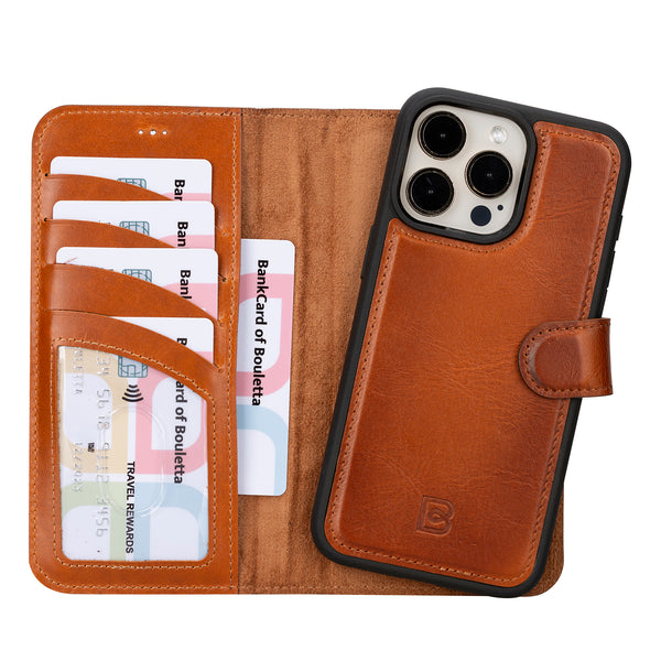 Bouletta iPhone 15 Pro Max Uitneembare lederen RFID BookCase (Magsafe compatibel) - Burned Cognac