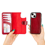 Bouletta iPhone 15 Uitneembare lederen RFID BookCase (Magsafe compatibel) - Burned Red