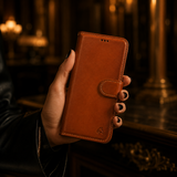 Pulledro iPhone 14 Uitneembare Lederen BookCase van Echt Leer - MagSafe - Burned Cognac