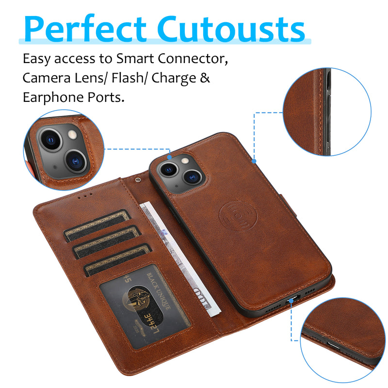 Perfeqt iPhone 14 Uitneembare PU leder hoesje met koord - Antic Brown