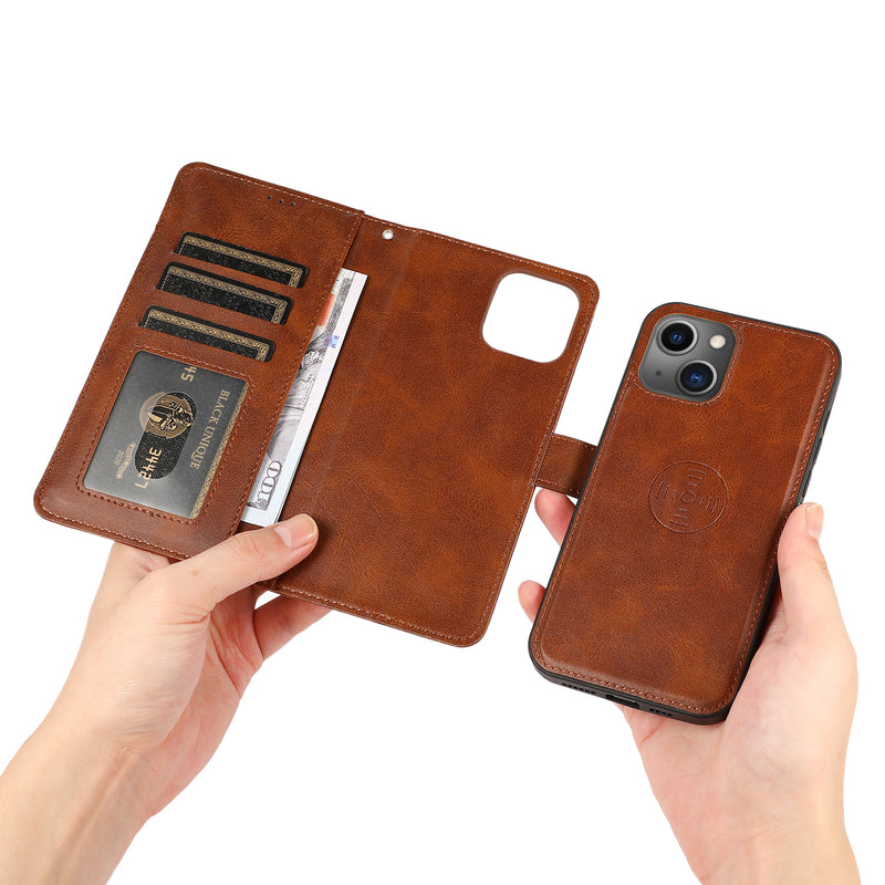Perfeqt iPhone 14 Uitneembare PU leder hoesje met koord - Antic Brown