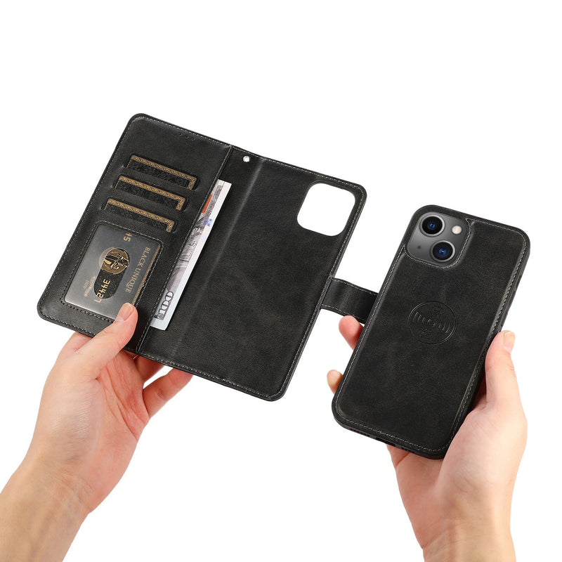 Perfeqt iPhone 14 Plus Uitneembare PU leder hoesje met koord - Natural Black