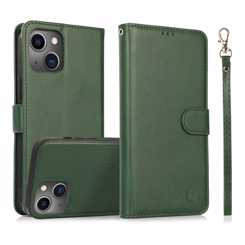 Perfeqt iPhone 14 Uitneembare PU leder hoesje met koord - Dark Mint Green