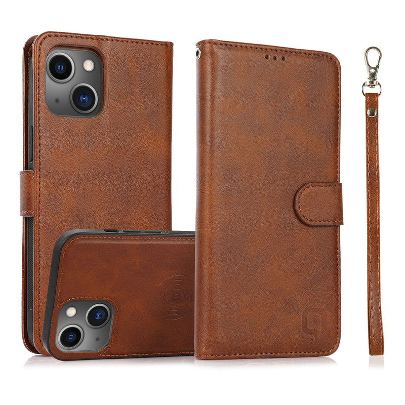 Perfeqt iPhone 14 Uitneembare PU leder hoesje met koord - Antic Brown