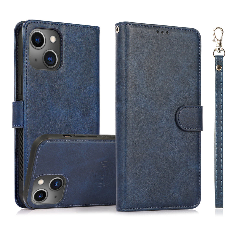 Perfeqt iPhone 14 Uitneembare PU leder hoesje met koord - Antic Blue